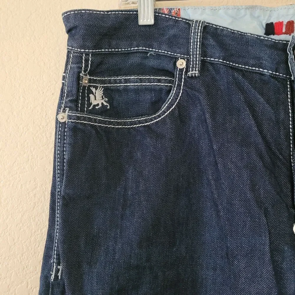 COOGI Jeans Straight Mens 36x34 Embroidered Pockets Denim Dark Blue Loose Baggy